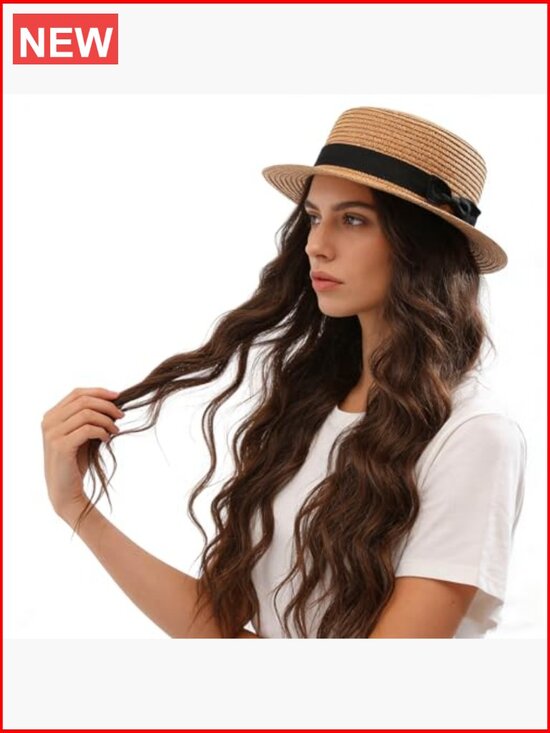 Boater Hat Flat Top Straw Bucket Hat Foldable Sun Protection main image 5